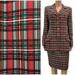 Vintage 90s David Hayes Red Plaid Silk Skirt Suit | Designer Luxury | Small